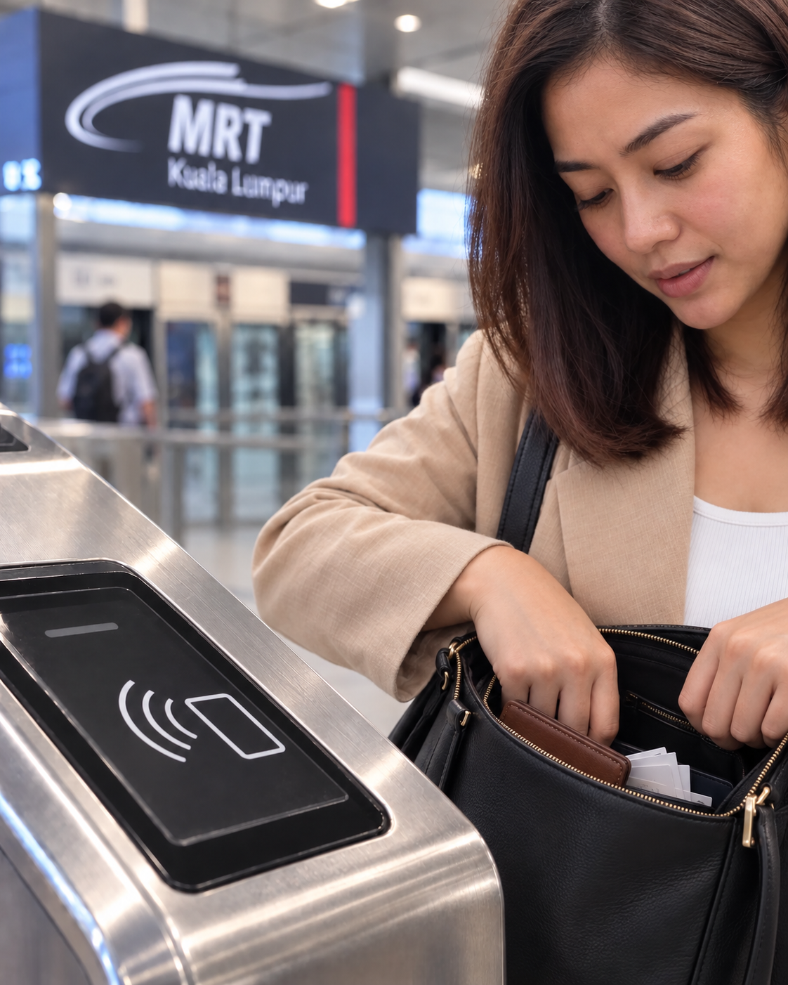Before: woman searching her handbag for a card at the same MRT reader